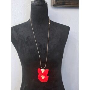 1946 Red Double Tassel Statement Necklace Gold Tone Snake Long‎  Chain
